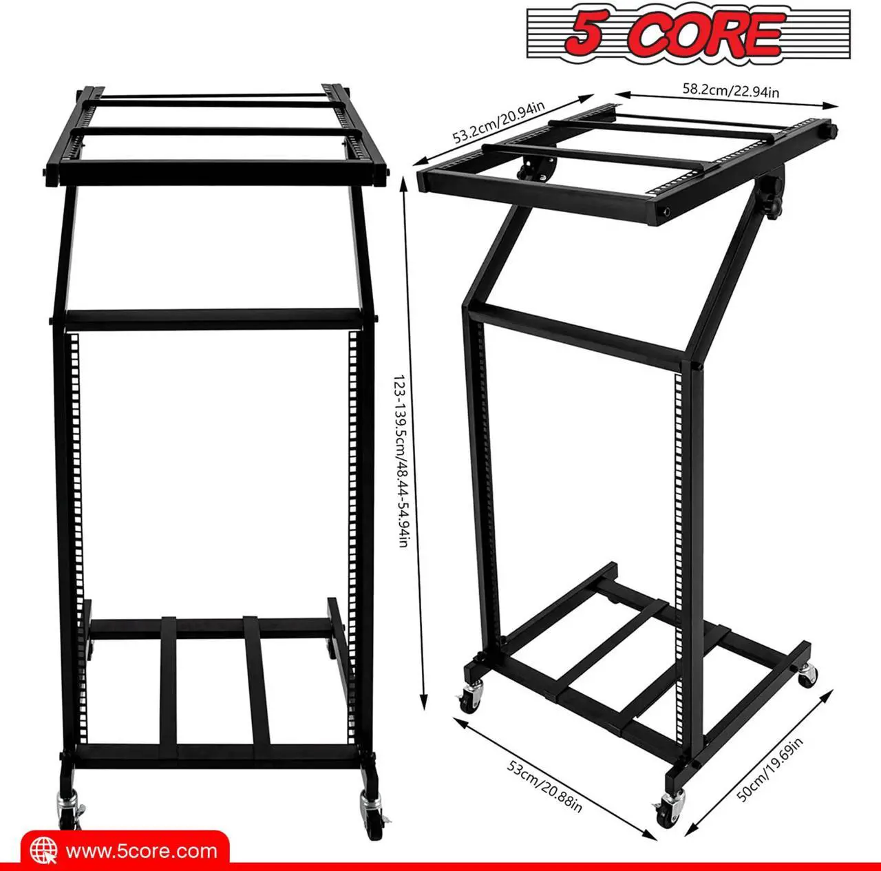 Alt view image 9 of 9 - 5 Core DJ Mixer Stand 16U Adjustable Rack Mount Rolling Stage Cart Pro Audio Studio Equipment for Homes Offices Stage Music Studios w Wheels - RACK STAND 16U