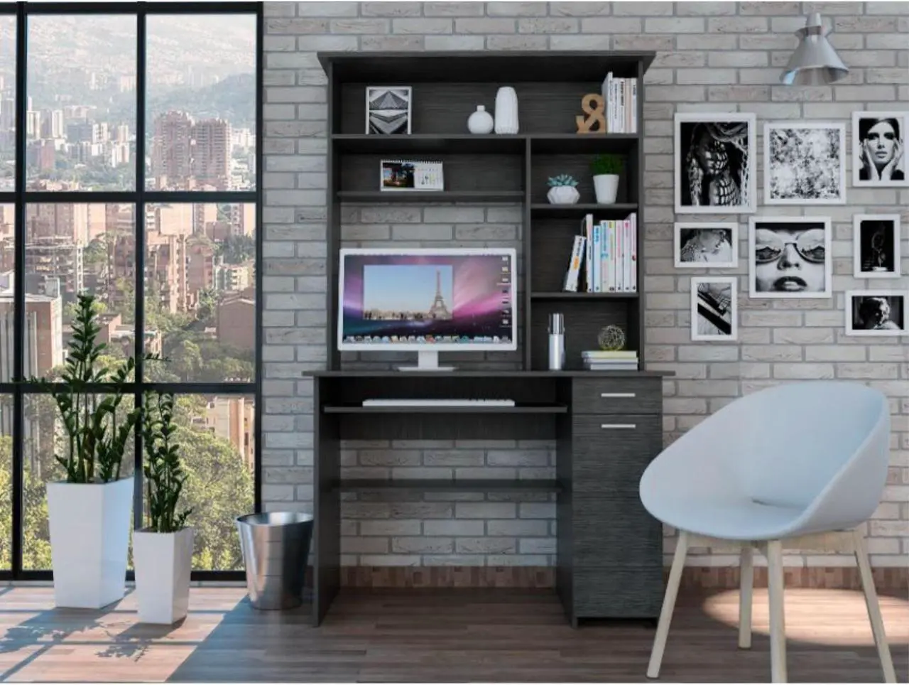 Alt view image 7 of 7 - FM FURNITURE Weston 2 Computer Desk, For An Office Or Home Office, With 2 Drawers, 6 Shelves And A Hutch, Gray Oak Finish, Particle Board, Wood texture, Easy To Assamble.