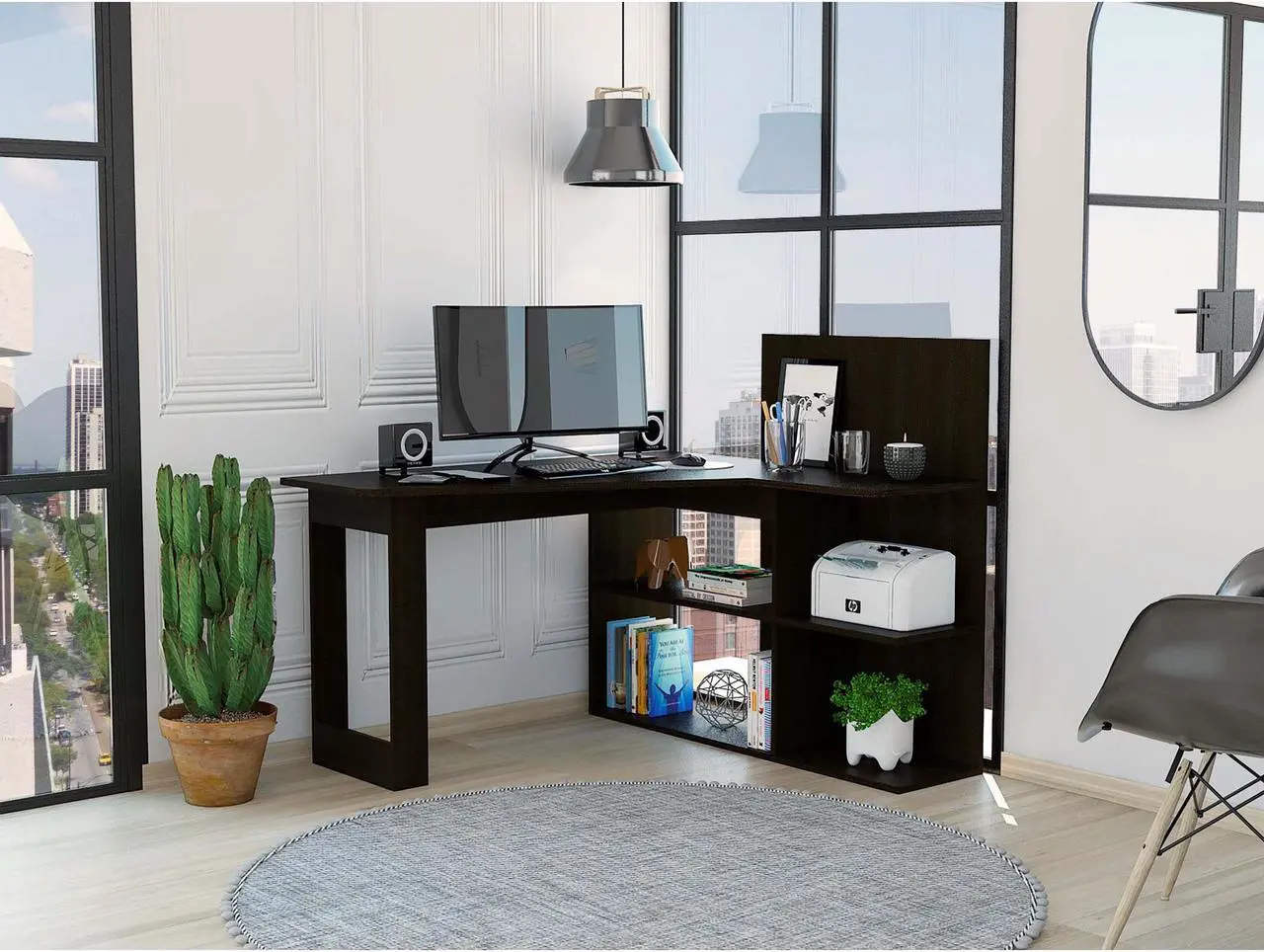Alt view image 7 of 7 - FM FURNITURE Fresno Computer Desk,  For An Office Or Home Office, With 4 Shelves, And Dual Table Top, Black Wengue Finish, Particle Board, Wood texture, Easy To Assamble.