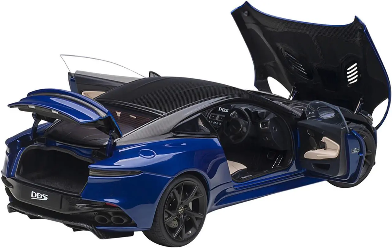 Alt view image 3 of 11 - Aston Martin DBS Superleggera RHD (Right Hand Drive) Zaffre Blue Metallic with Carbon Top and Carbon Accents 1/18 Model Car by Autoart