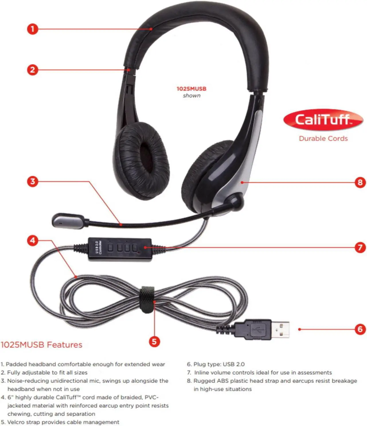 Alt view image 5 of 6 - Califone 1025MUSB NeoTech USB Headset, Mic with CaliTuff Braided Cord