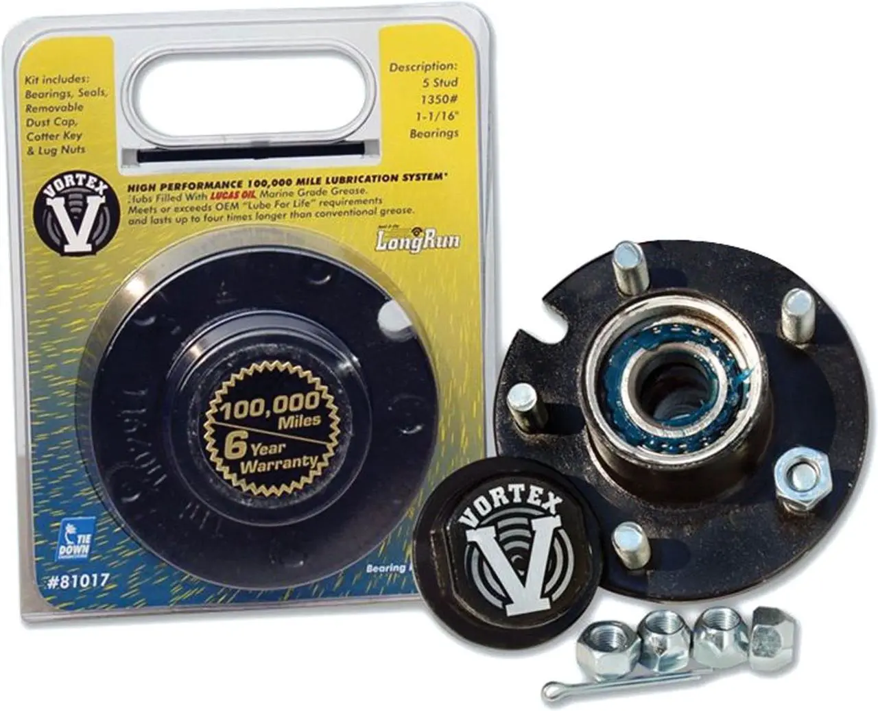 Main image of Tie Down Engineering 81022 High-Performance Vortex Hub Kit - 5-Stud with 1-3/8" Inner x 1-1/16" Outer Bearings, E-Coat, 1750 lbs./1875 lbs. Capacity
