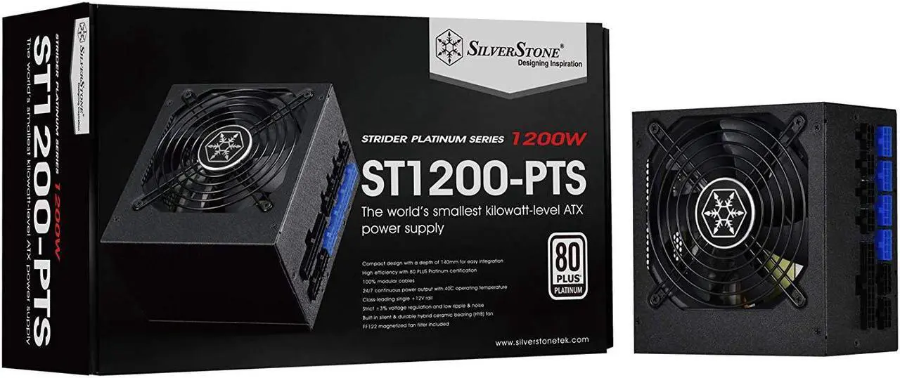 Main image of 1200W, ATX, single +12V rails with 100A output, Silent 120mmFan with 18dBA, efficiency 80Plus Platinum certification, fully modular cable, 140mm depth, 8x8/6pin PCI-E.