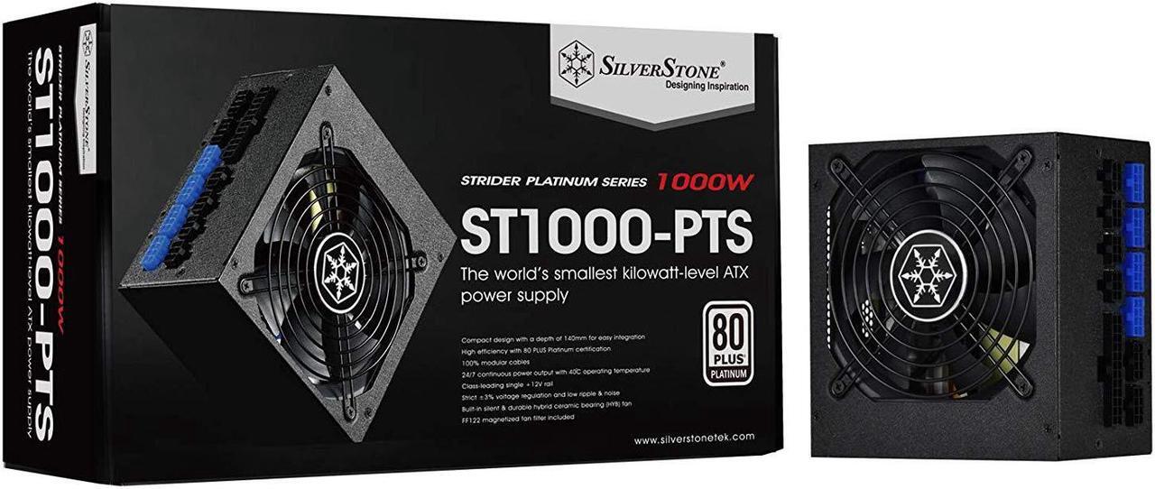 Main image of SilverStone 1000W, ATX, single +12V rails with 83A output, Silent 120mmFan with 18dBA, efficiency 80Plus Platinum certification, fully modular cable, 140mm depth, 8x8/6pin PCI-E.
