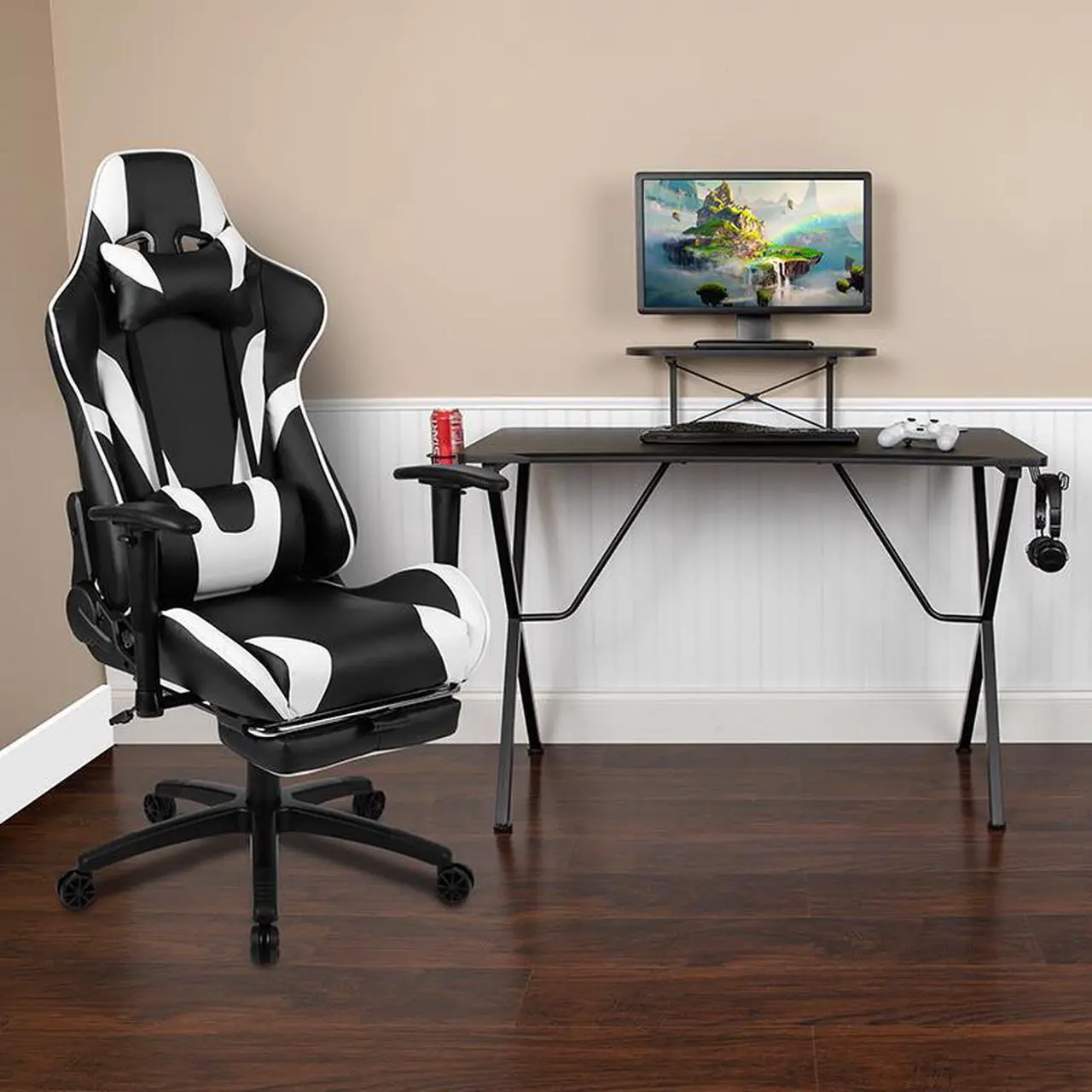 Alt view image 13 of 20 - Black Gaming Desk and Black Footrest Reclining Gaming Chair Set with Cup Holder, Headphone Hook, and Monitor/Smartphone Stand