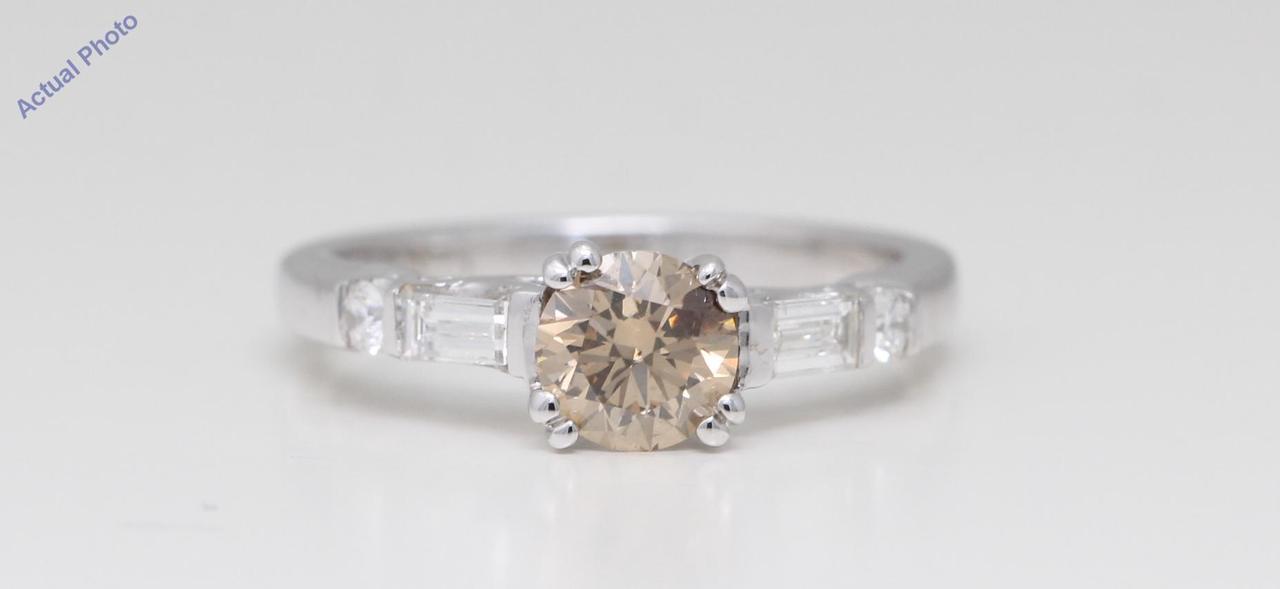 18k White Gold Round & Baguette Cut Diamond Engagement Ring (1.10 Ct, Light Natural Fancy Brown & White Diamonds, VS2)