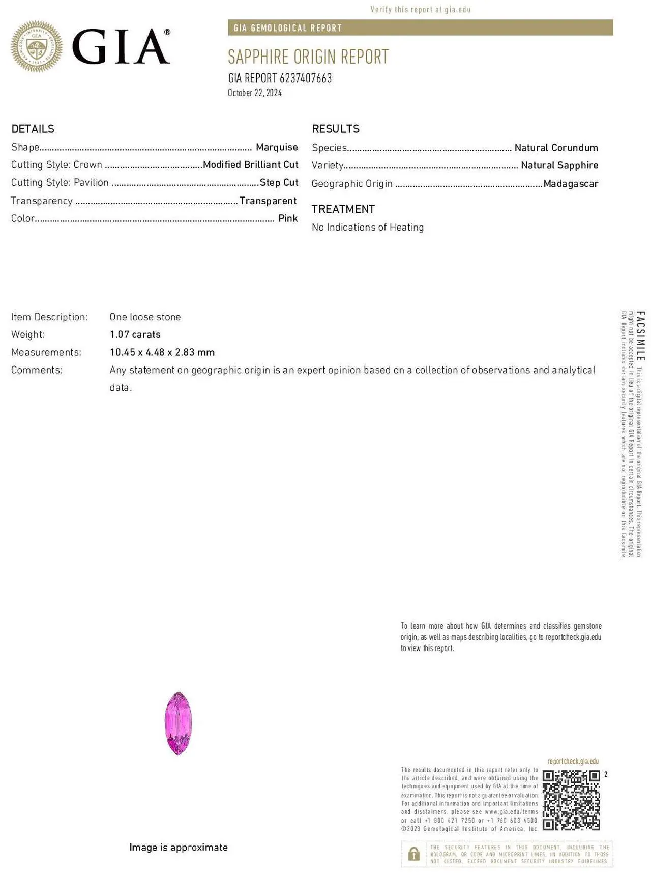Alt view image 4 of 5 - Marquise Cut Natural Mined Loose Sapphire (1.07 Ct,Pink Color,VS2 Clarity) GIA Certified