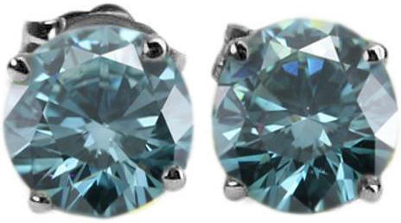 Round Diamond Stud Earrings 14K White Gold (2.19 Ct, Fancy Intense Blue (Color Irradiated) Color, SI1(Clarity Enhanced) Clarity)