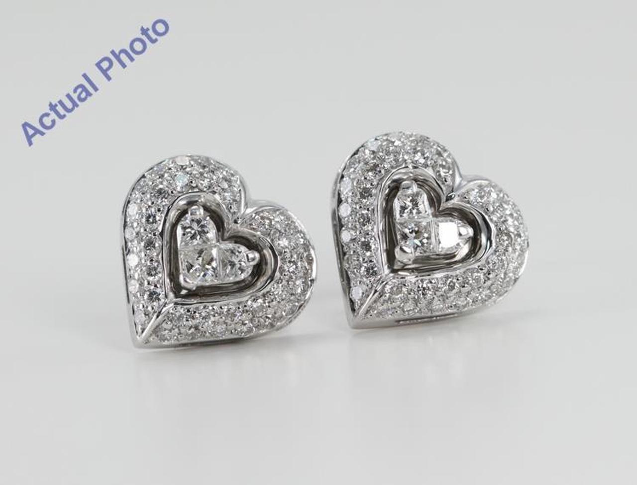 18k White Gold Invisible Setting Princess & Round Cut Diamond Heart Earrings (0.75 Ct, H Color, SI2 Clarity)