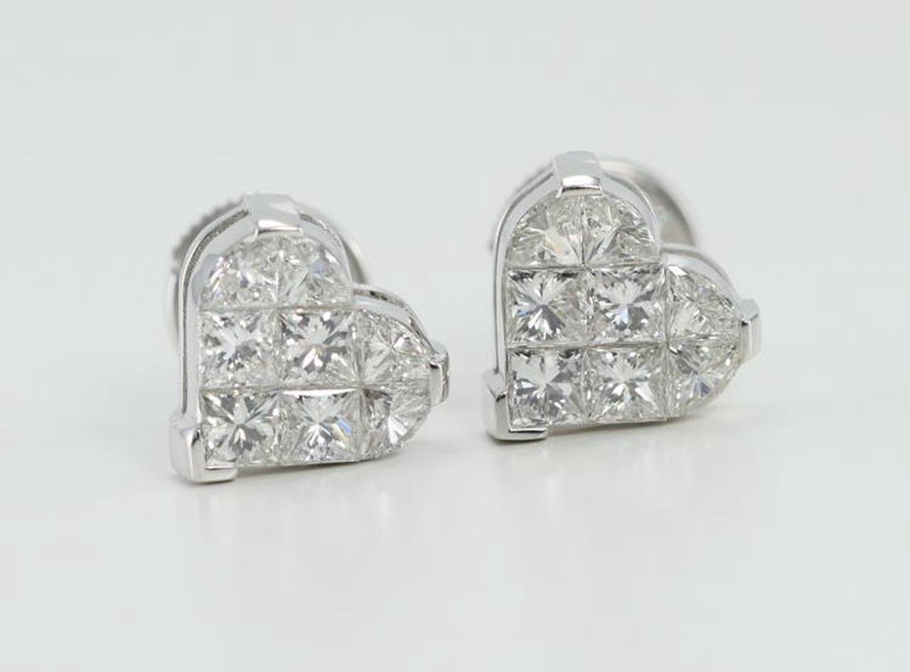 18k White Gold Invisible Setting Princess Cut Diamond Heart Earrings (1.5 Ct, G Color, VS Clarity)