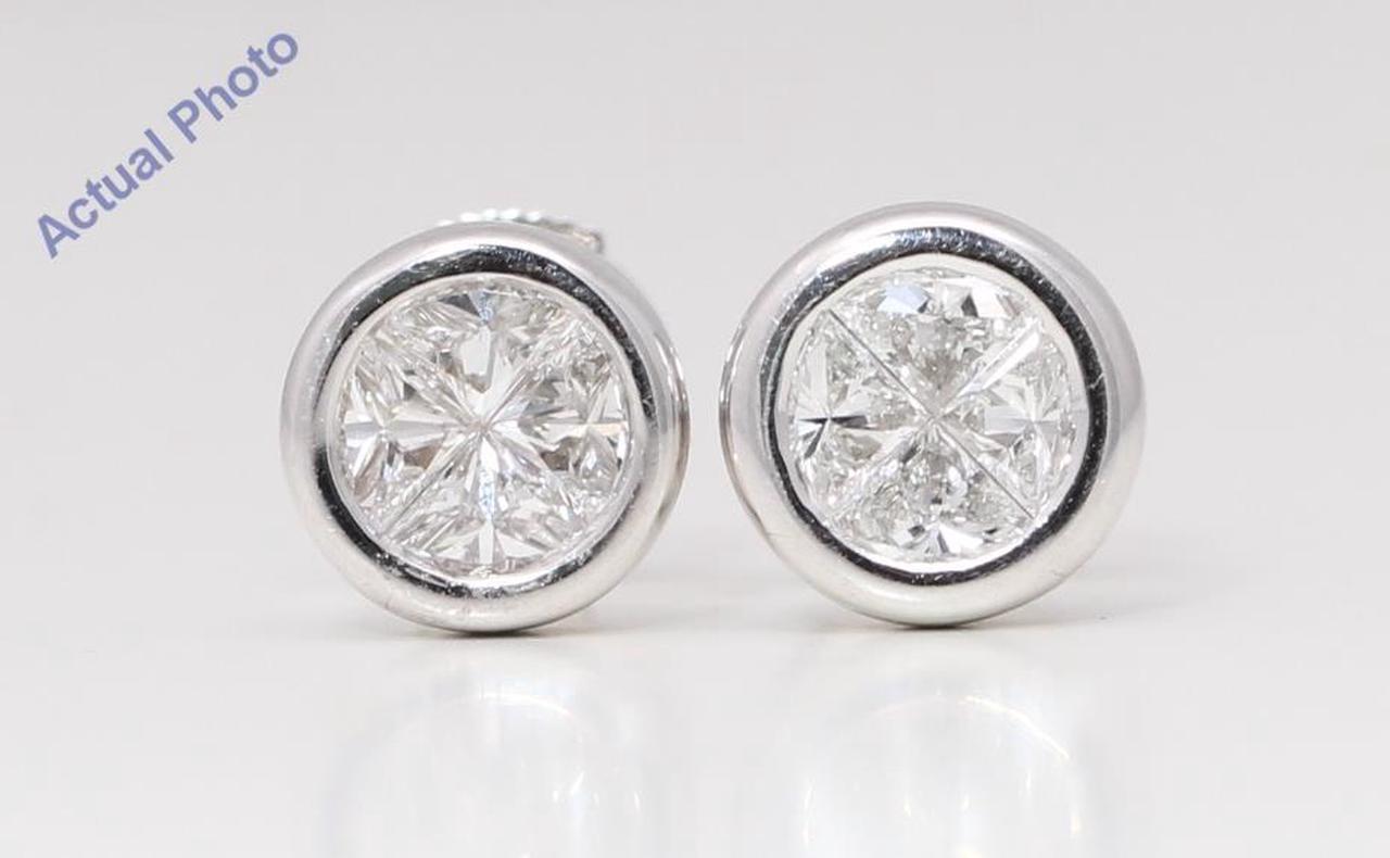 18k White Gold Princess Diamond Multi-Stone Invisible Setting Circle Shape Studs (0.78 Ct H VS Clarity)