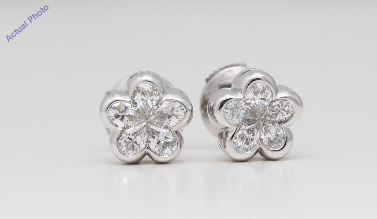 18k White Gold Pear Diamond Multi-Stone Invisibly Set Flower Shape Framed Studs (0.97 Ct H VS-SI1 Clarity)