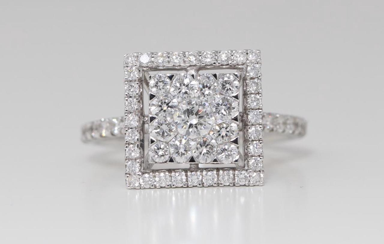 18k White Gold Round Diamond Multi-Stone Pave Cluster Set Framed Square Ring (1.36 Ct G SI2 Clarity)