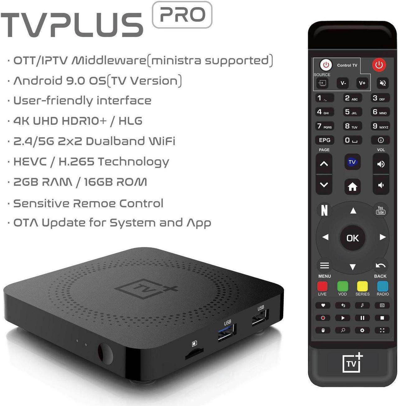 2022 IPTV TVPlus PRO Android 9.0 2GB+16GB IPTV SET TOP Smart TV Box 2.4/5G Duo Band Wifi 600M Schedule Record Function with LIXSUNTEK® Ethernet Cable