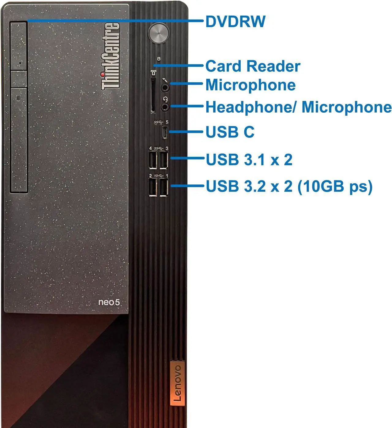 Alt view image 2 of 6 - Lenovo ThinkCentre Neo 50T Gen 4 Tower Computer - Intel Core i5-12400, 16GB Ram, 512GB NVMe SSD, DisplayPort, HDMI, VGA, DVD-RW, USB Type-C, SD Card Reader, AC Wi-Fi, Bluetooth - Windows 11 Pro