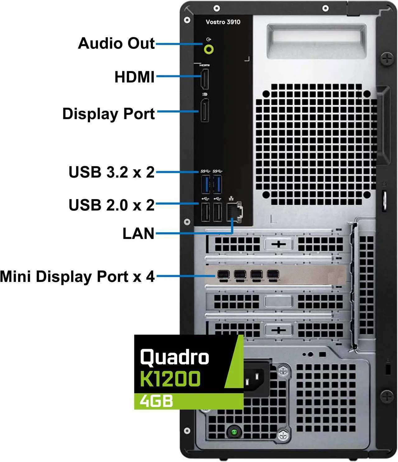 Alt view image 3 of 7 - Dell Vostro 3910 Mini-Tower Desktop Computer, Intel Core i7-12700, 64GB RAM, 2TB SSD NVMe + 1TB HDD, Nvidia Quadro K1200 4GB, AX Wi-Fi, BT, SD Card Reader, HDMI, Mini Display Port - Windows 10 Pro