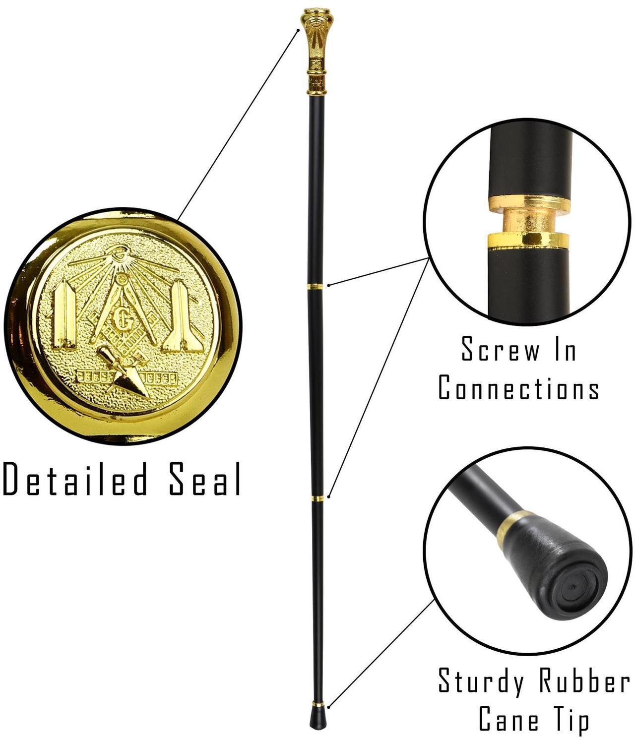 Alt view image 3 of 7 - Masonic Cane Freemason Walking Stick - Elegant Dress Walking Canes for Men, Seniors Balance - Collapsible 3Pc Travel Stick For Stability, Mobility, Knee Support- Elderly Assistance Products - 37" Gold