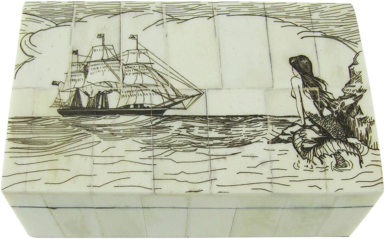 Main image of Fake Reproduction Scrimshaw Art Bone Mermaid Nautical Jewelry Box Treasure Chest
