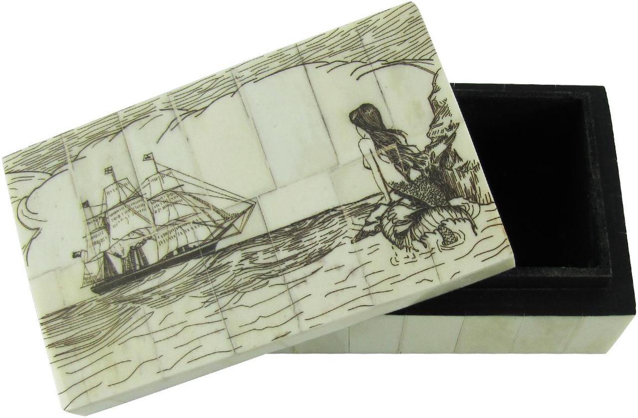 Alt view image 3 of 3 - Fake Reproduction Scrimshaw Art Bone Mermaid Nautical Jewelry Box Treasure Chest