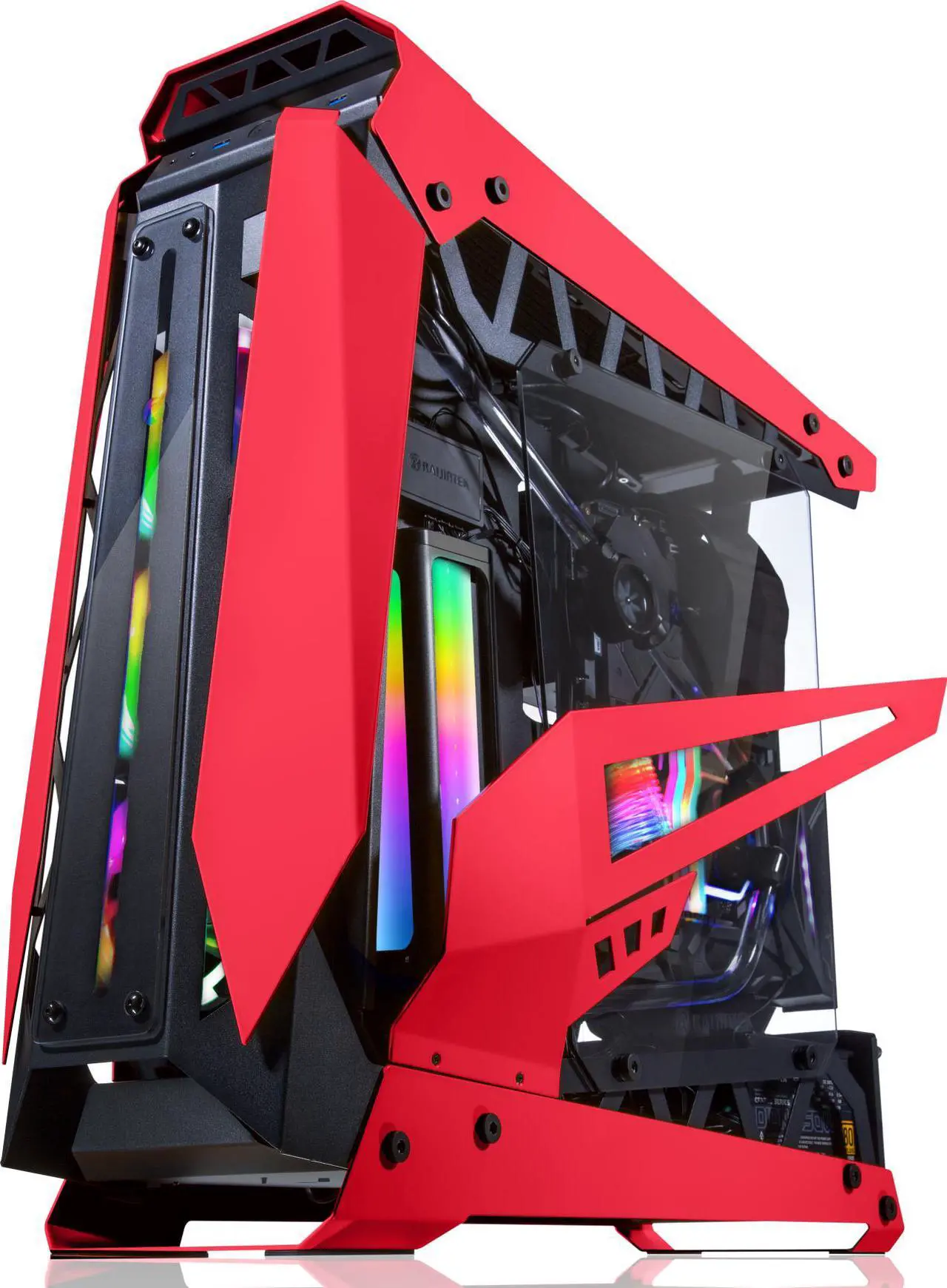 Main image of RAIJINTEK NYX PRO - Red, a Open Frame Alu. case (EE-B M/B), 4mm Tempered Glass, Flip Open Top Panel & Front Panel, max. 496mm VGA Card, max. 2.5"SSD×4, max. 12025 Fanx6, PCI Express Gen3.0 Riser Card