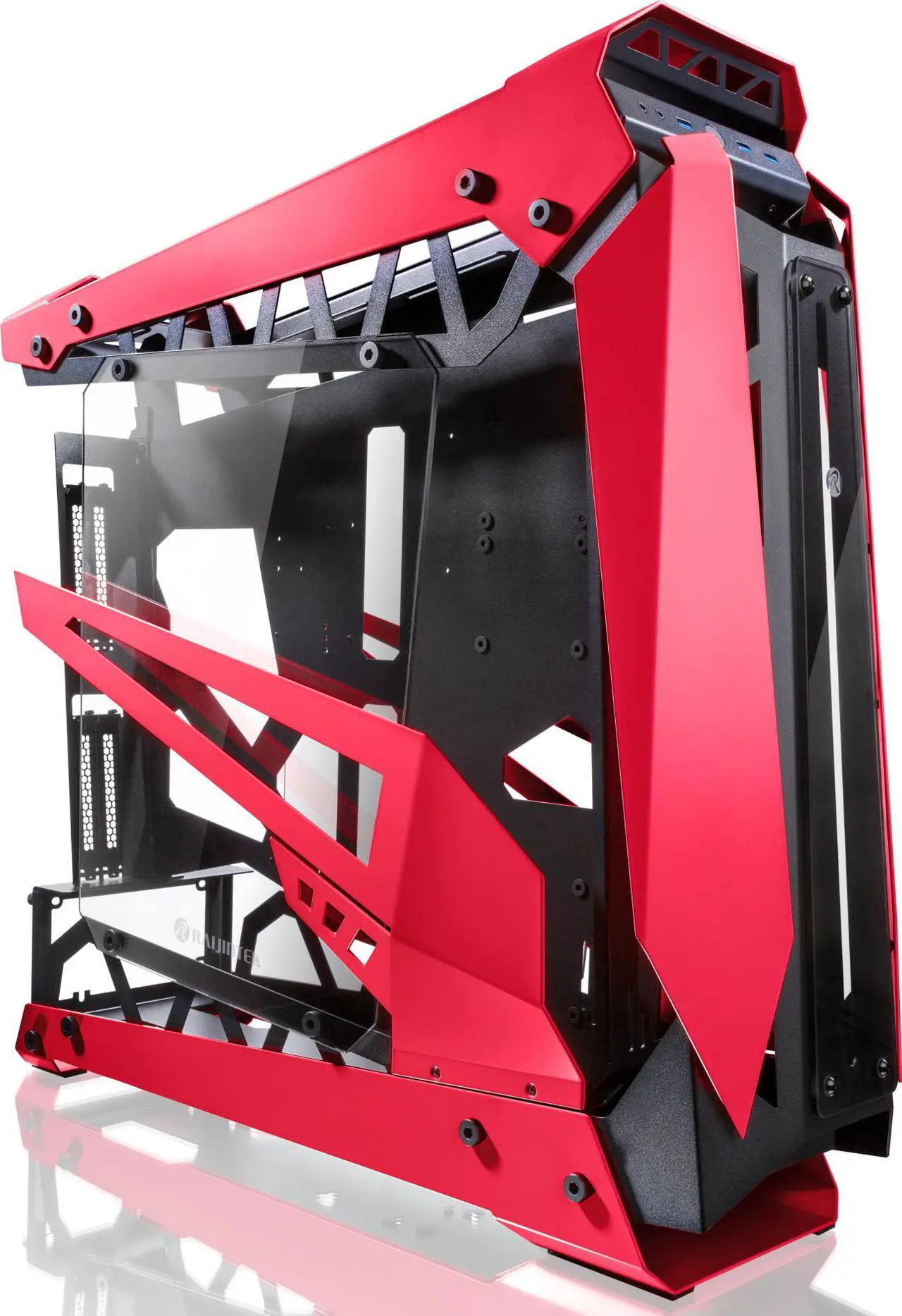 Alt view image 4 of 7 - RAIJINTEK NYX PRO - Red, a Open Frame Alu. case (EE-B M/B), 4mm Tempered Glass, Flip Open Top Panel & Front Panel, max. 496mm VGA Card, max. 2.5"SSD×4, max. 12025 Fanx6, PCI Express Gen3.0 Riser Card