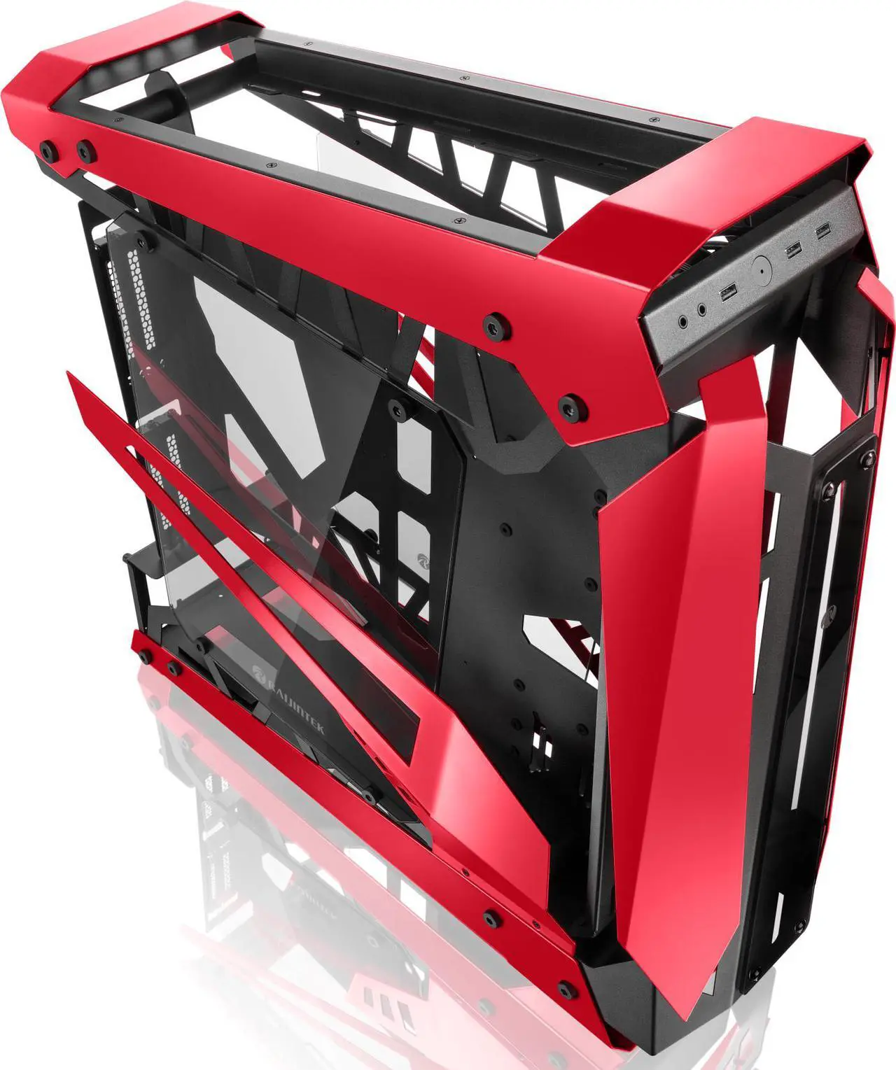 Alt view image 2 of 7 - RAIJINTEK NYX PRO - Red, a Open Frame Alu. case (EE-B M/B), 4mm Tempered Glass, Flip Open Top Panel & Front Panel, max. 496mm VGA Card, max. 2.5"SSD×4, max. 12025 Fanx6, PCI Express Gen3.0 Riser Card