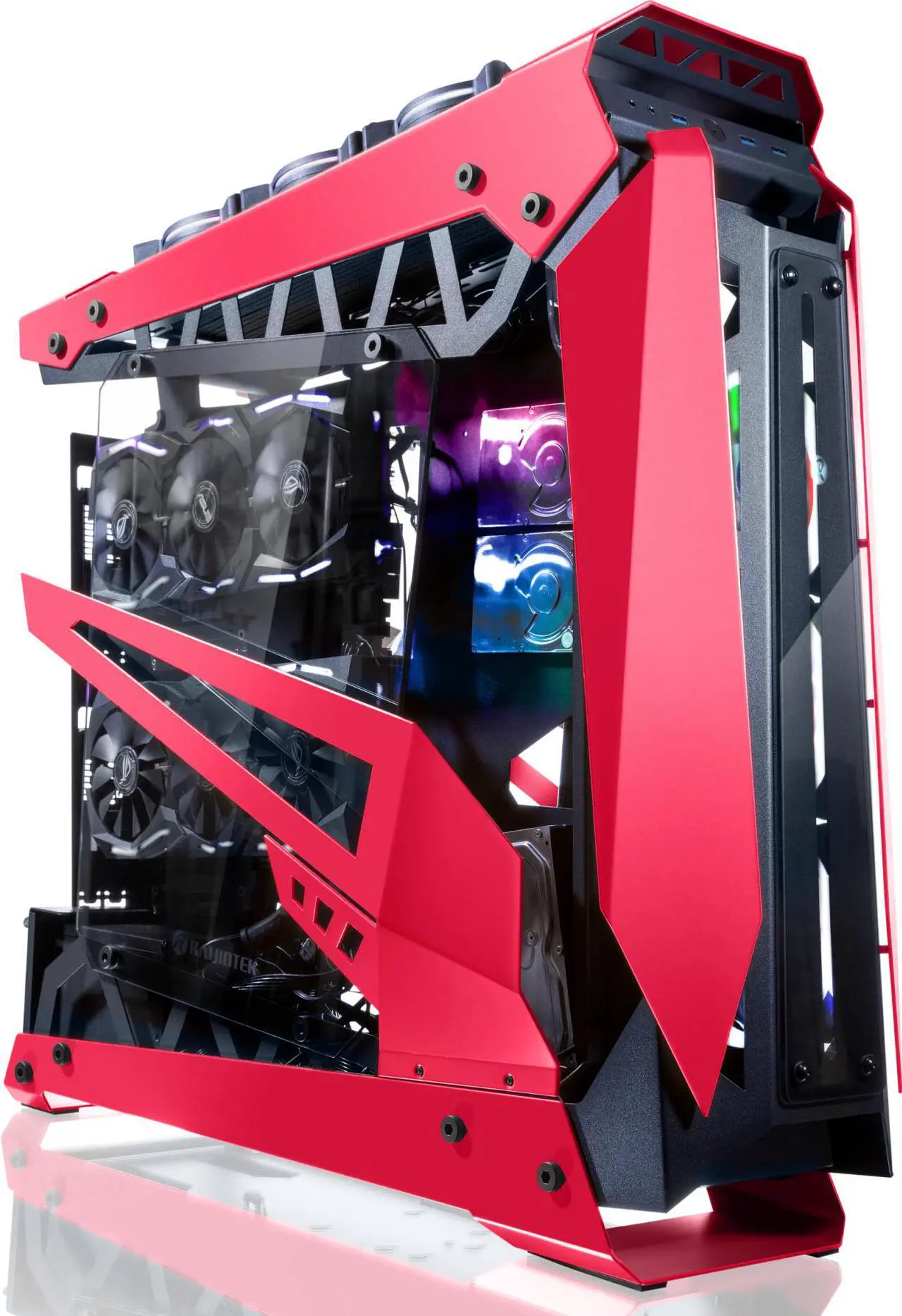 Alt view image 5 of 7 - RAIJINTEK NYX PRO - Red, a Open Frame Alu. case (EE-B M/B), 4mm Tempered Glass, Flip Open Top Panel & Front Panel, max. 496mm VGA Card, max. 2.5"SSD×4, max. 12025 Fanx6, PCI Express Gen3.0 Riser Card
