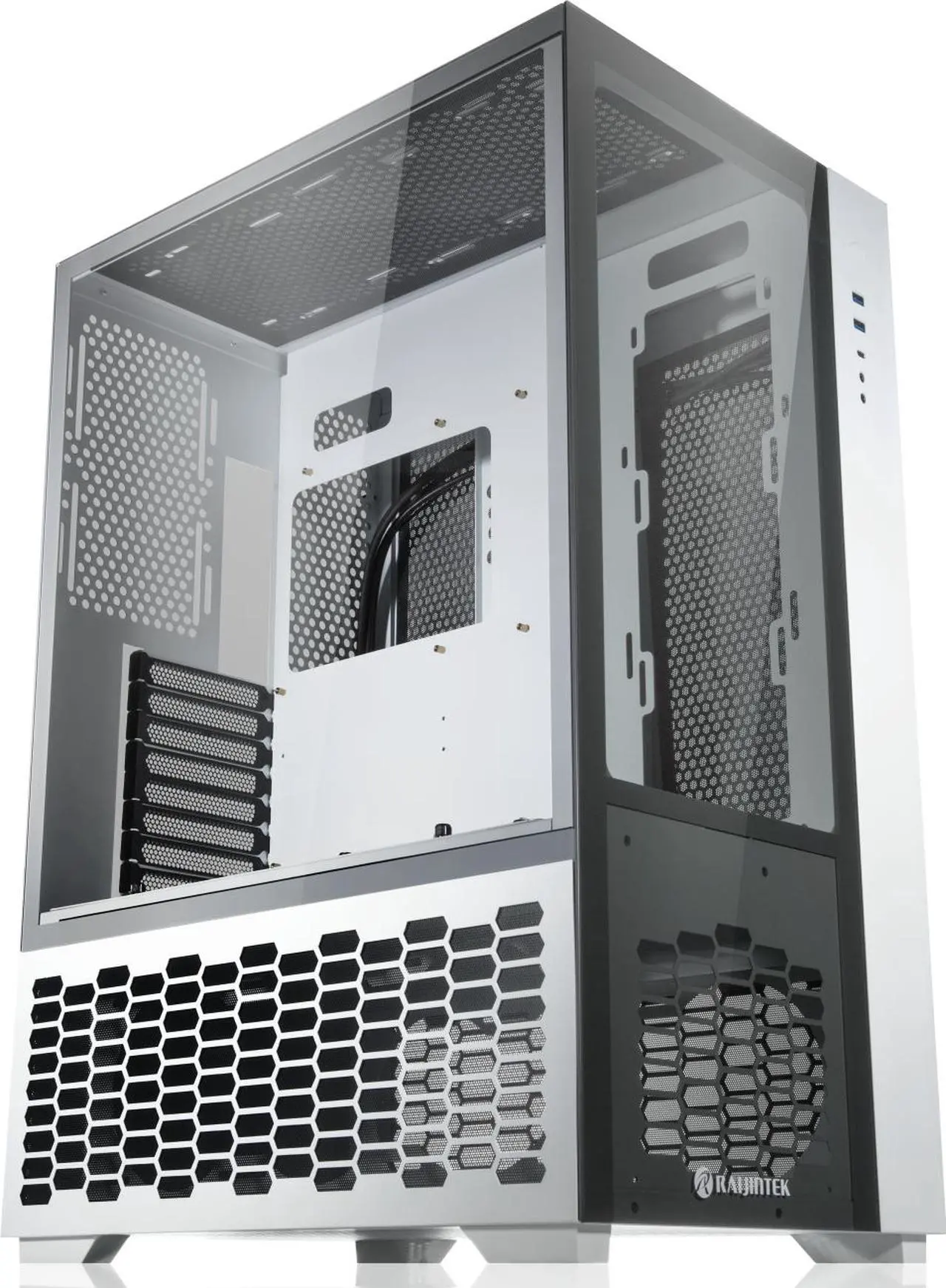 Main image of RAIJINTEK PAEAN PREMIUM WHITE supports ATX M/B, amazing compatibility of max. 12 fans (12025) & 1×14025 fan at the rear. 2×2.5" SSD or 2×2.5" HDD or 2×3.5" HDD, 430mm VGA card, Type C×1 + USB3.0×2.