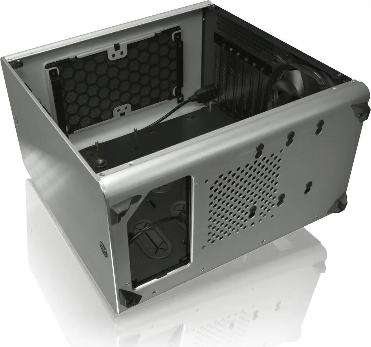 Alt view image 4 of 9 - RAIJINTEK THETIS SILVER WINDOW, an Alu. ATX case, supports max. 280mm VGA card, 170mm height CPU coolers, 4x HDD, 240mm radiator on top, 1x 12025 LED fan pre-installed, 3mm tempered glass window panel