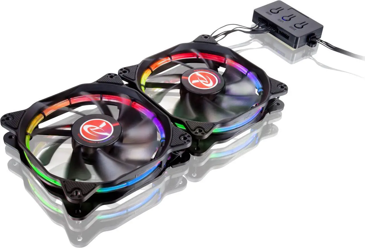 Main image of RAIJINTEK AURAS 12 RGB -2pack, a 12025 O-type RGB PWM fan with controller box (3 modes), brings visible colors and brightness uniformity from all directions and adds spot light to cases & CPU coolers.