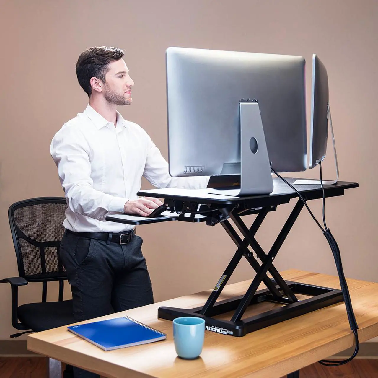 Alt view image 2 of 10 - FlexiSpot M7MB Stand Up desk Converter -35" Standing desk Riser with Deep Keyboard Tray for laptop (35", Black)