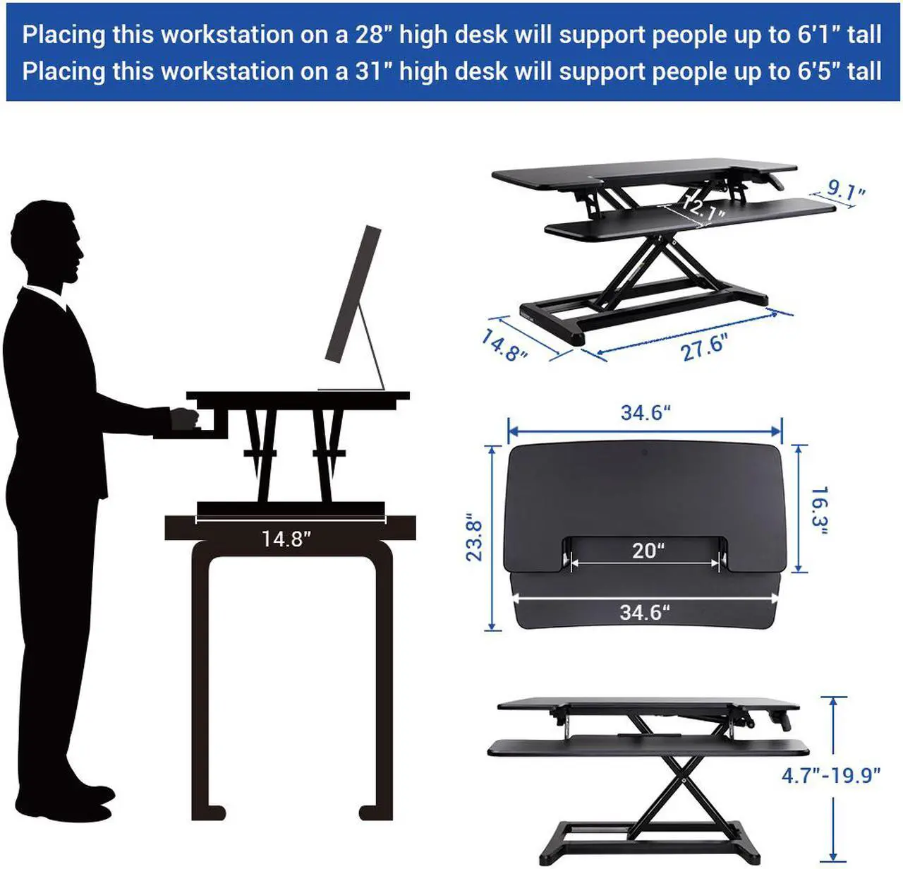Alt view image 8 of 10 - FlexiSpot M7MB Stand Up desk Converter -35" Standing desk Riser with Deep Keyboard Tray for laptop (35", Black)