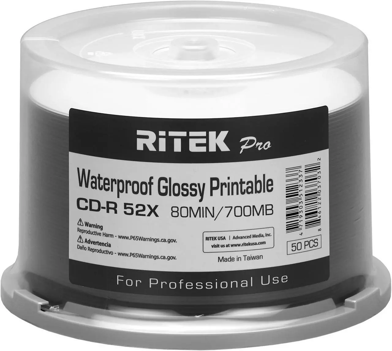Main image of Ritek Pro CD-R 52X 700MB 80Min Professional Grade Watershield Water Resistant Glossy White Inkjet Hub Printable Blank Recordable Disc (600 Pack)
