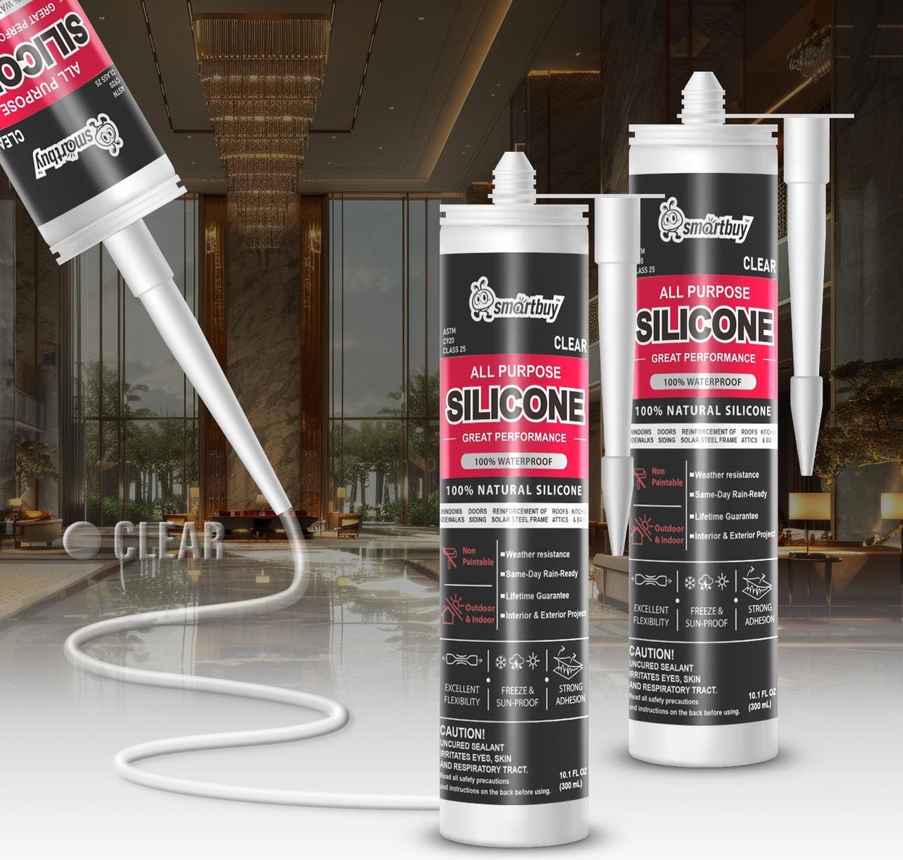 Main image of Smartbuy All Purpose Clear 100% Neutral Silicone Sealant and Adhesive for Glass Window Door Kitchen Bath Solar Frame Indoor & Outdoor Projects Odorless Waterproof Caulk 10.1oz Cartridge