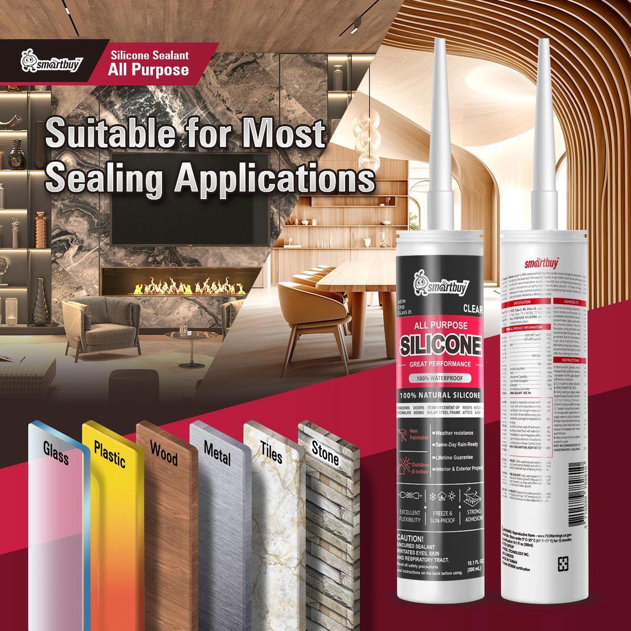 Alt view image 3 of 7 - Smartbuy All Purpose Clear 100% Neutral Silicone Sealant and Adhesive for Glass Window Door Kitchen Bath Solar Frame Indoor & Outdoor Projects Odorless Waterproof Caulk 10.1oz Cartridge