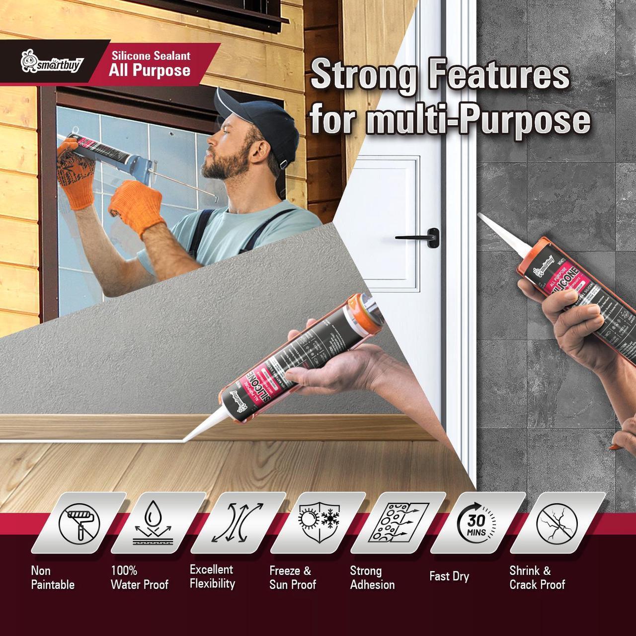 Alt view image 4 of 7 - Smartbuy All Purpose Clear 100% Neutral Silicone Sealant and Adhesive for Glass Window Door Kitchen Bath Solar Frame Indoor & Outdoor Projects Odorless Waterproof Caulk 10.1oz Cartridge