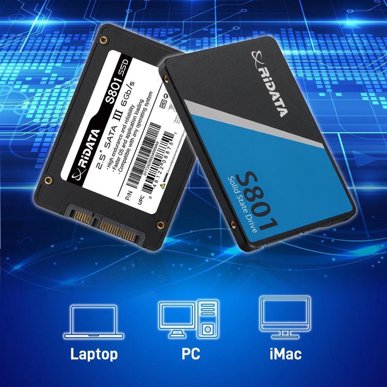 Alt view image 4 of 4 - RiDATA S801 256GB SSD (Internal Solid State Drive) 3D NAND 2.5" SATA III 6Gb/s Ultra Slim 7mm Up to 460 MB/s Advanced SLC Cache Technology