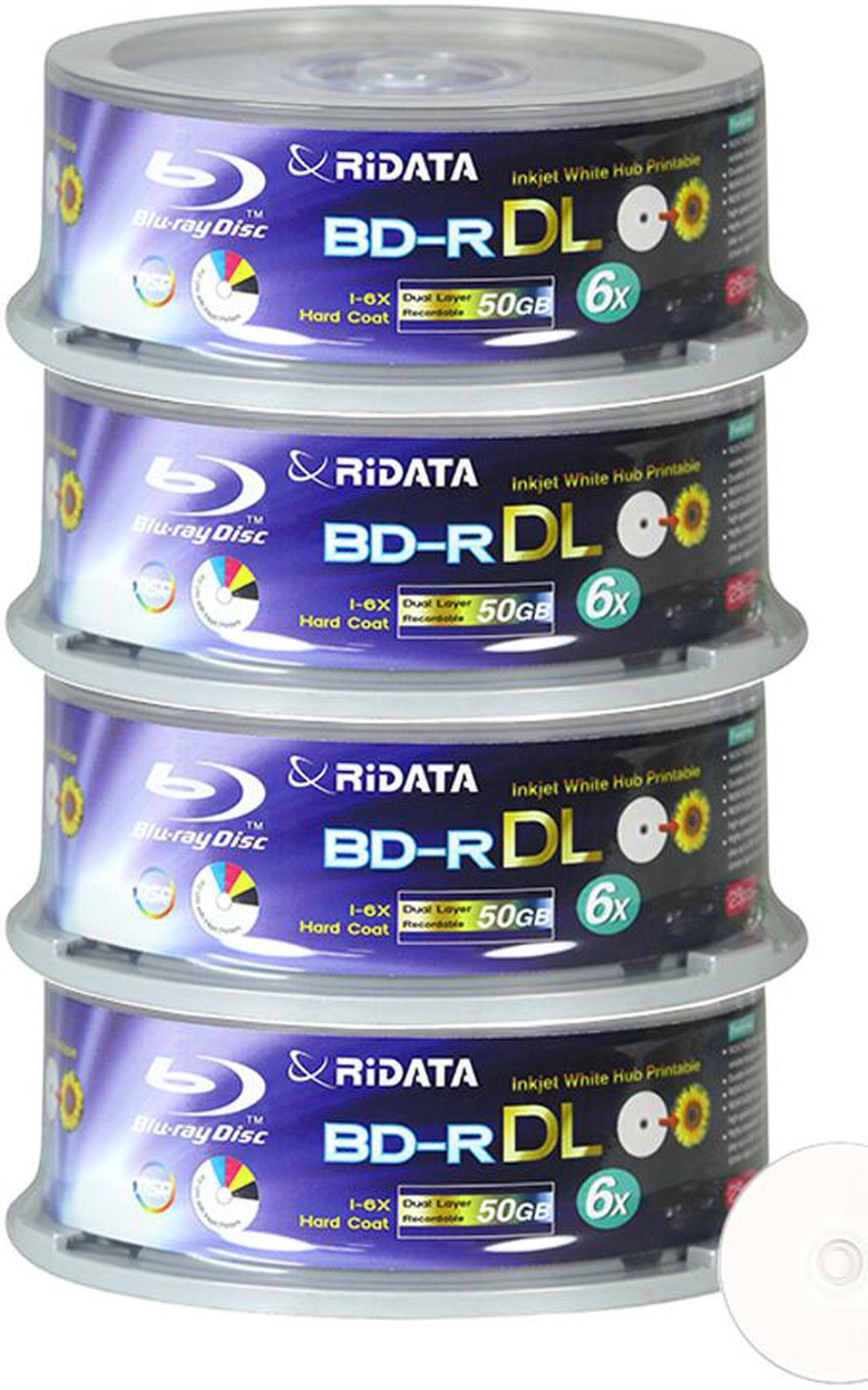Main image of Ridata Blu-ray BD-R DL Dual Layer 6X 50GB White Inkjet Hub Printable Recordable Blank Media Disc with Spindle Packing (100 Pack)