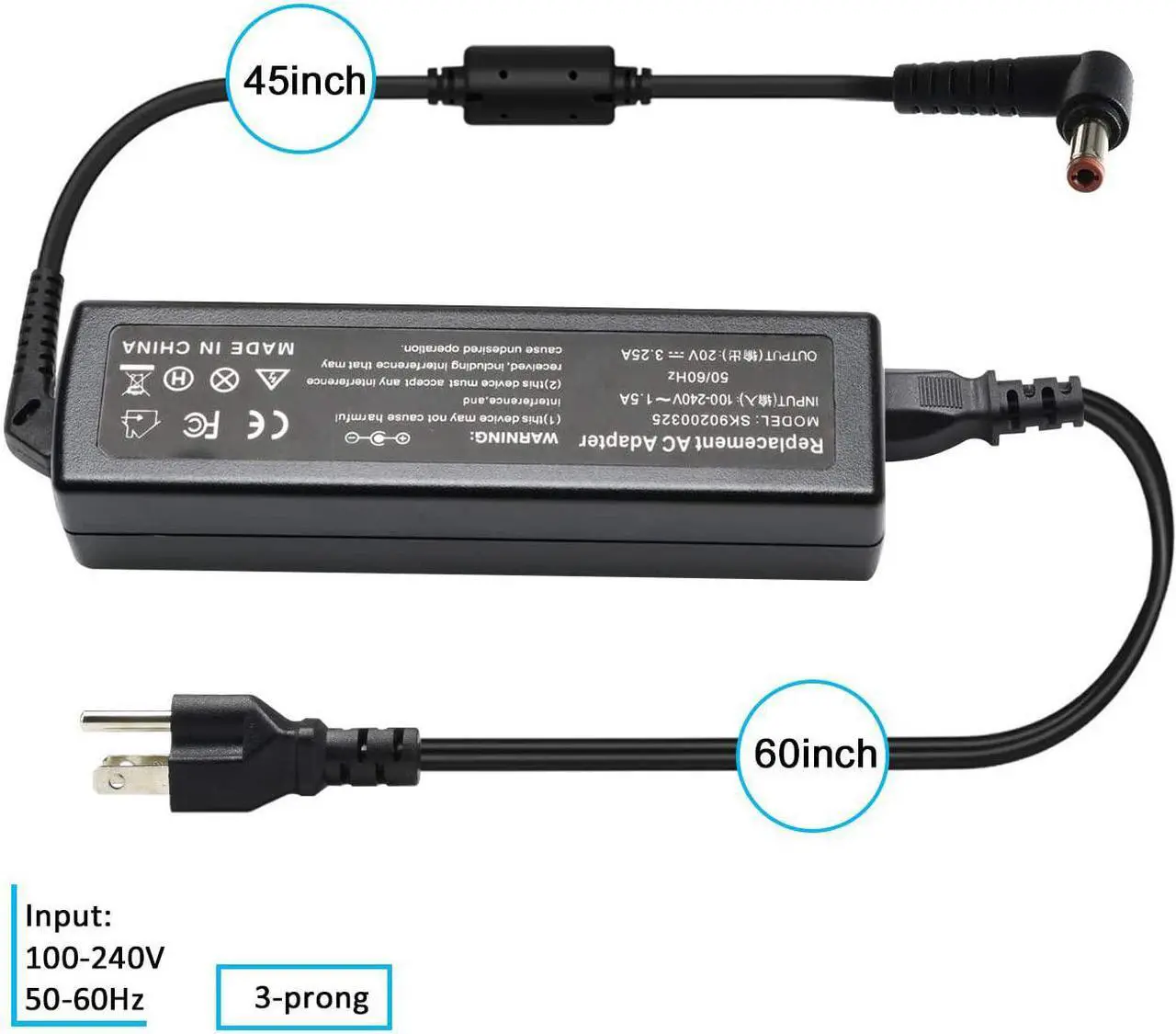 Alt view image 6 of 7 - 65W 20V 3.25A AC Adapter Charger for Lenovo IdeaPad G560 G580 Y410P Y500 B560 B570 B575 G570 G585 G780 N580 N585 N586 Y400 Y480 Y580 Z560 Z565 Z570 Z575 Z580 Z585 P400 P500 U310 U410 V570 M30-70