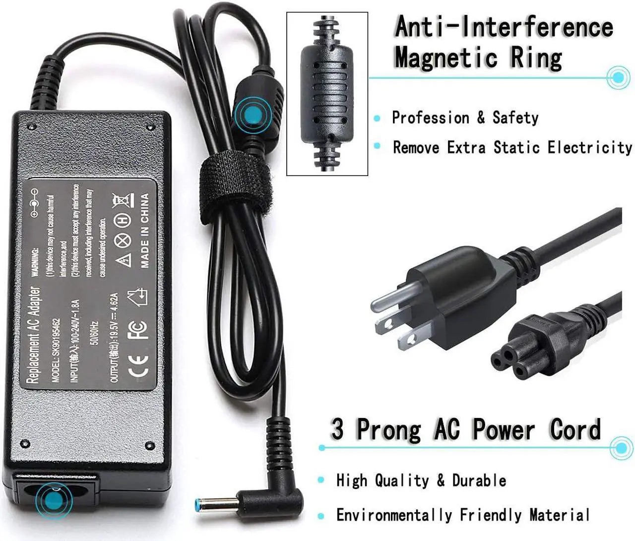 Alt view image 3 of 7 - 90W 19.5V 4.62A AC Adapter Laptop Charger for HP Envy Touchsmart Sleekbook 15 17 M6 M7 Series, HP Spectre X360 13 15, HP Pavilion 11 14 15 17 741727-001 740015-001 854117-850 Power Supply Cord Plug
