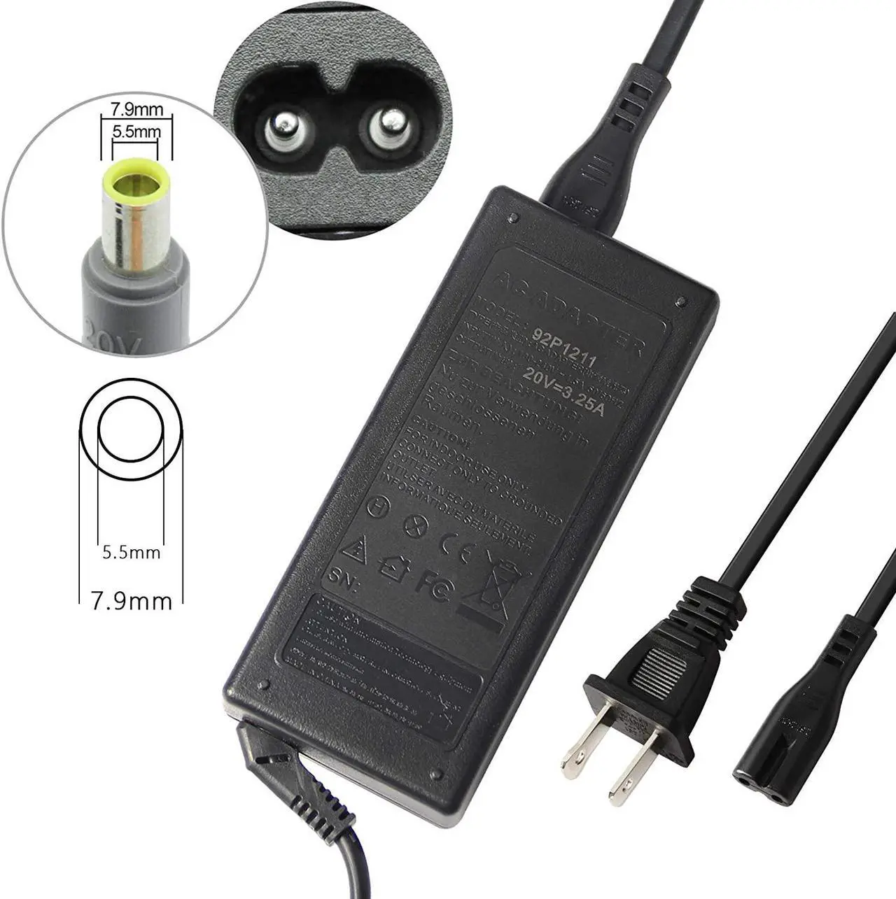 Alt view image 2 of 5 - ARyee 20V 3.25A 7.9 X 5.5mm AC Adapter Laptop Charger Power Supply for Lenovo Edge 15 E430 E520 E530 E535, Thinkpad E545 T530 T61 X140e X230