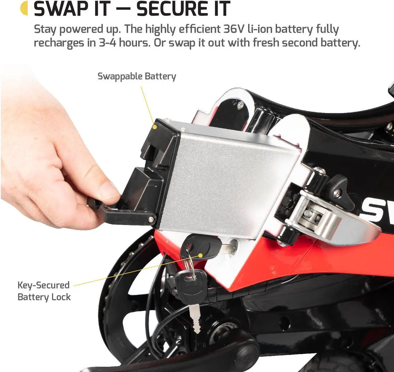 Alt view image 5 of 6 - Swagtron Swagcycle EB-7 Elite Folding Electric Bike, 16-Inch Wheels, Swappable Battery with Keylock & Rear Suspension