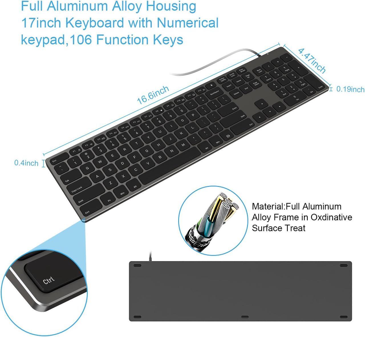 Alt view image 3 of 6 - Aluminum USB Wired Keyboard with Numeric Keypad for PC Windows 10/8 / 7 / Vista/XP