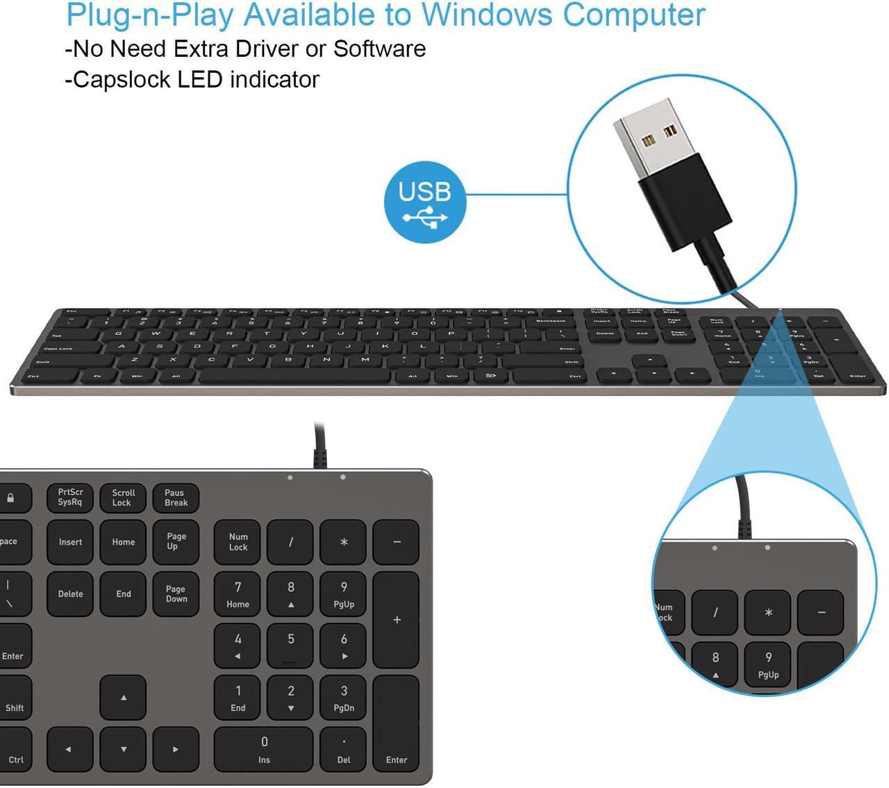 Alt view image 5 of 6 - Aluminum USB Wired Keyboard with Numeric Keypad for PC Windows 10/8 / 7 / Vista/XP