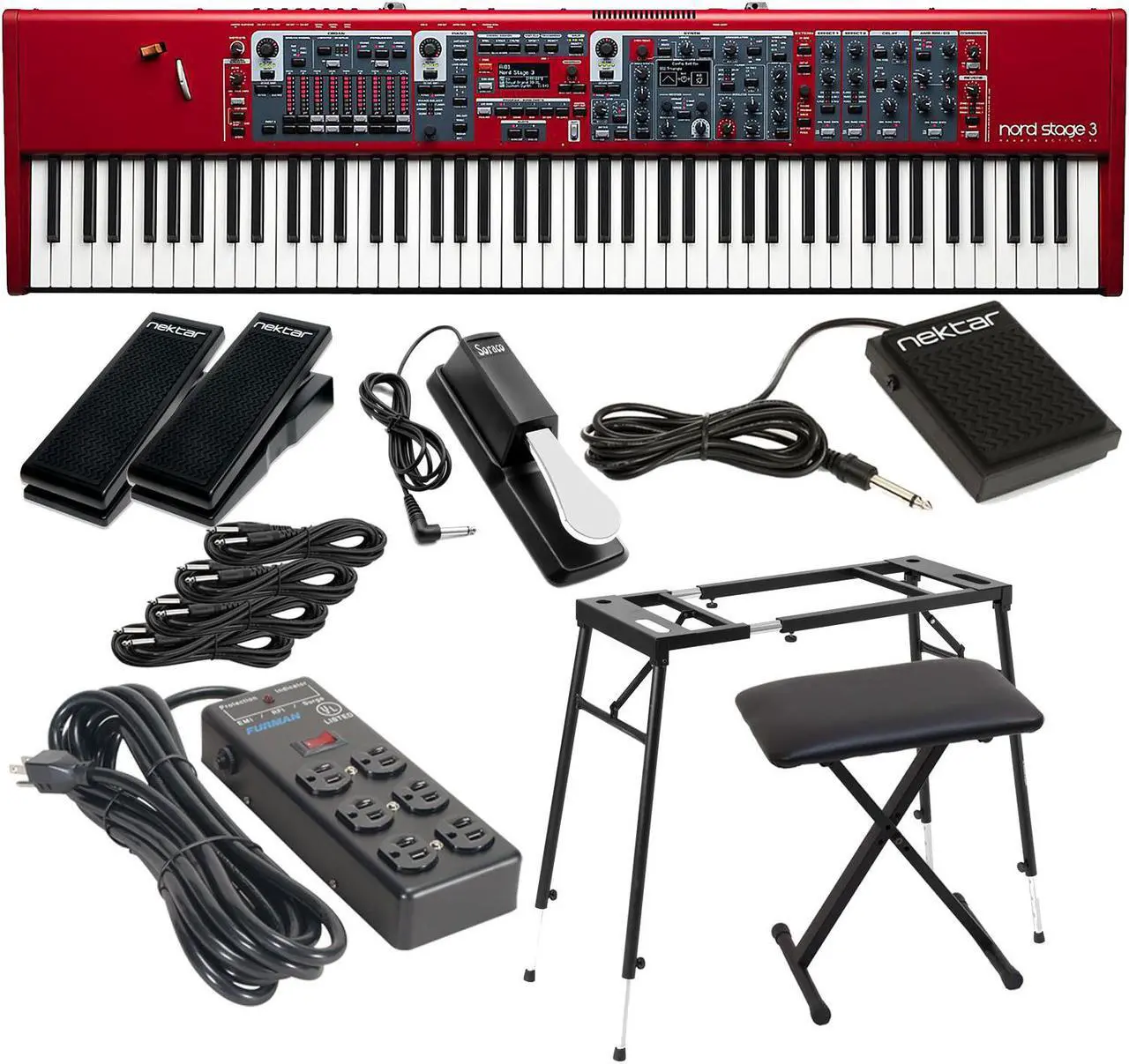 Main image of Nord Stage 3 88 88-Note Weighted Keyboard, Ultimate Support JS-MPS1 Stand, Keyboard Bench, 2x Nektar NX-P, Sustain Pedal (Included), Nektar NP-1 - Furman SS-B6, 4x 1/4 Cable Bundle