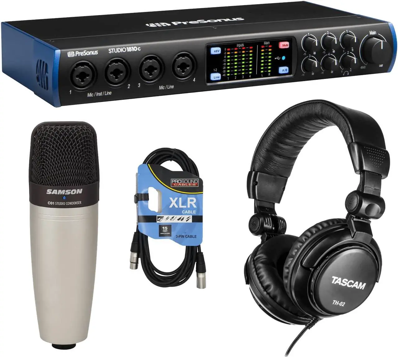 Main image of PreSonus Studio 1810c 18x8 USB Type-C Audio/MIDI Interface + Samson C01 Condenser Microphone + Tascam TH-02 Studio Headphones (Black) and Cable.