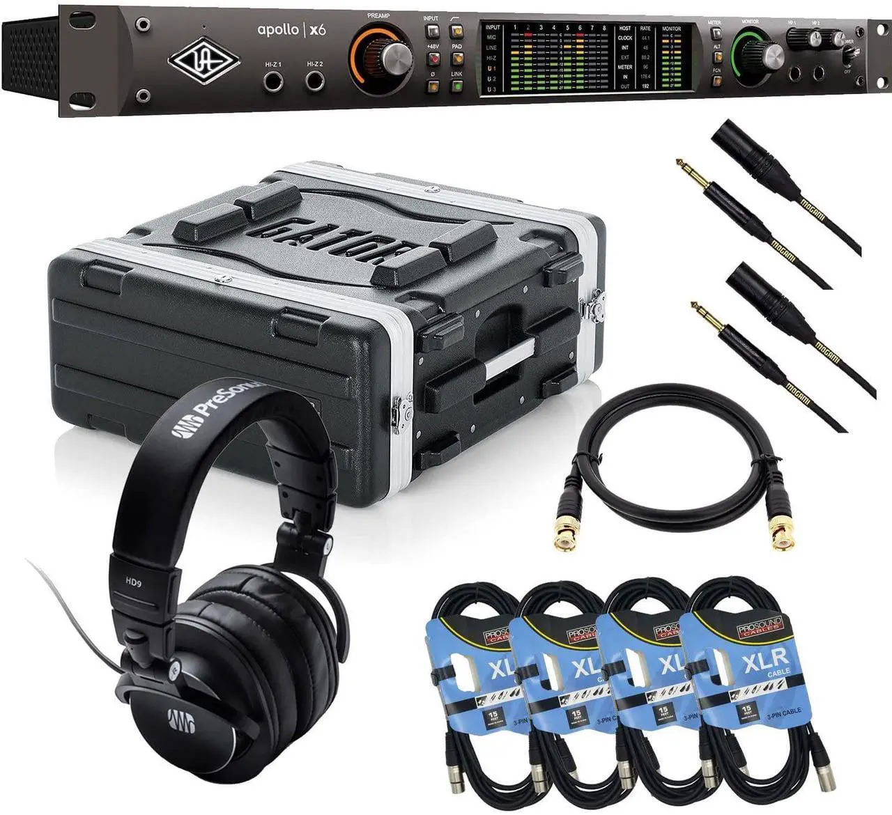 Main image of Universal Audio Apollo x6 Heritage Edition  16 x 22 Thunderbolt, Gator GR-4L Rack Case, (2) Mogami XLR to 1/4, Presonus HD9, (4) XLR Cables, (2) HD-SDI RG6 BNC Cable Bundle
