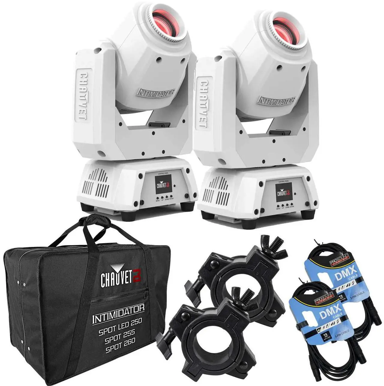 Main image of (2) Chauvet DJ Intimidator Spot 260X 75W LED Moving Head (White), Chauvet DJ CHS-2XX, (2) DMX Cables, (2) O-Clamp Bundle