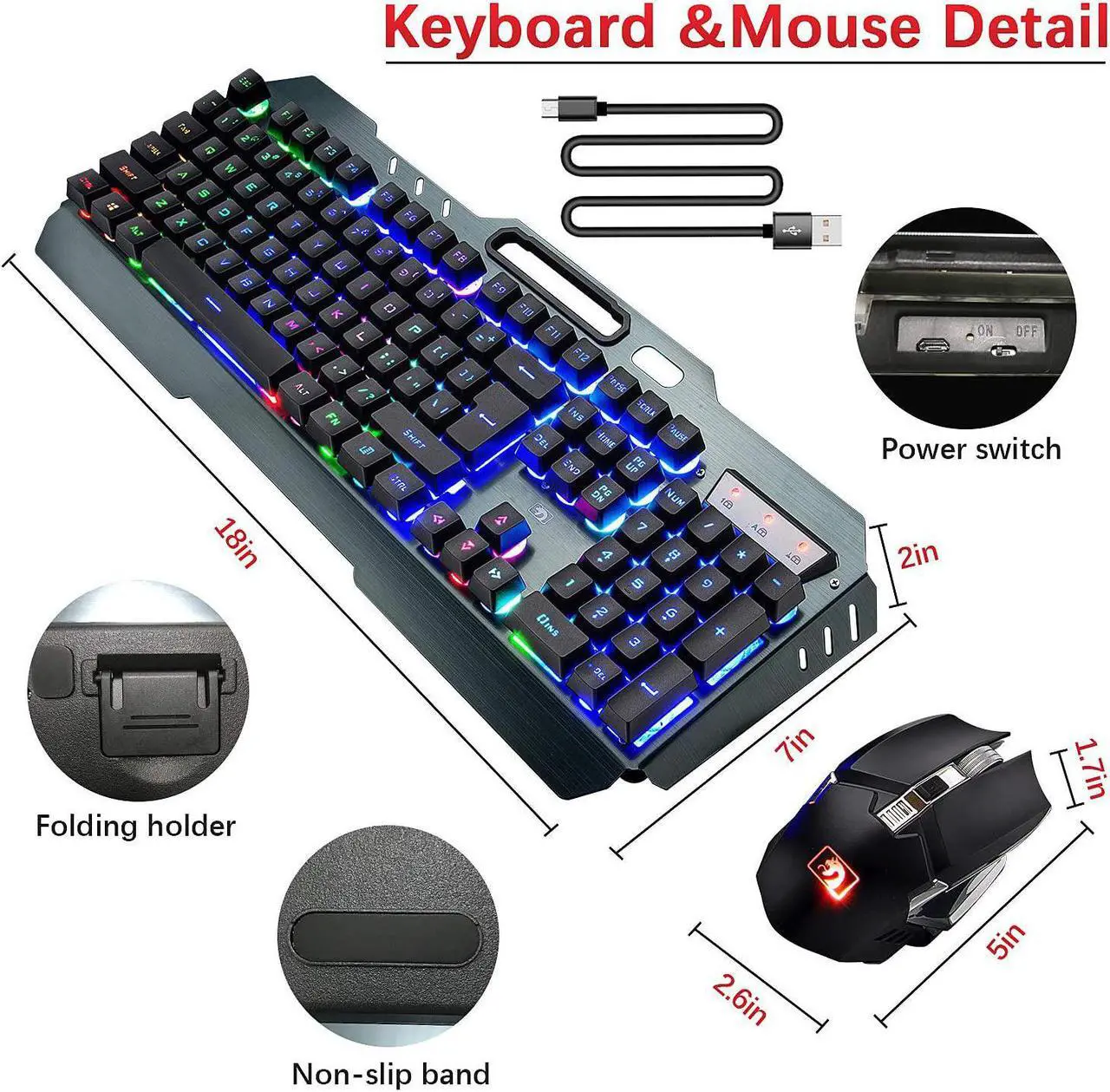 Alt view image 7 of 7 - Wireless Gaming Keyboard and Mouse, Rechargeable, Rainbow Backlit with 3800mAh Battery Metal Panel,Mechanical Feel Keyboard and 7 Color Mute Mouse for Windows Computer Gamers