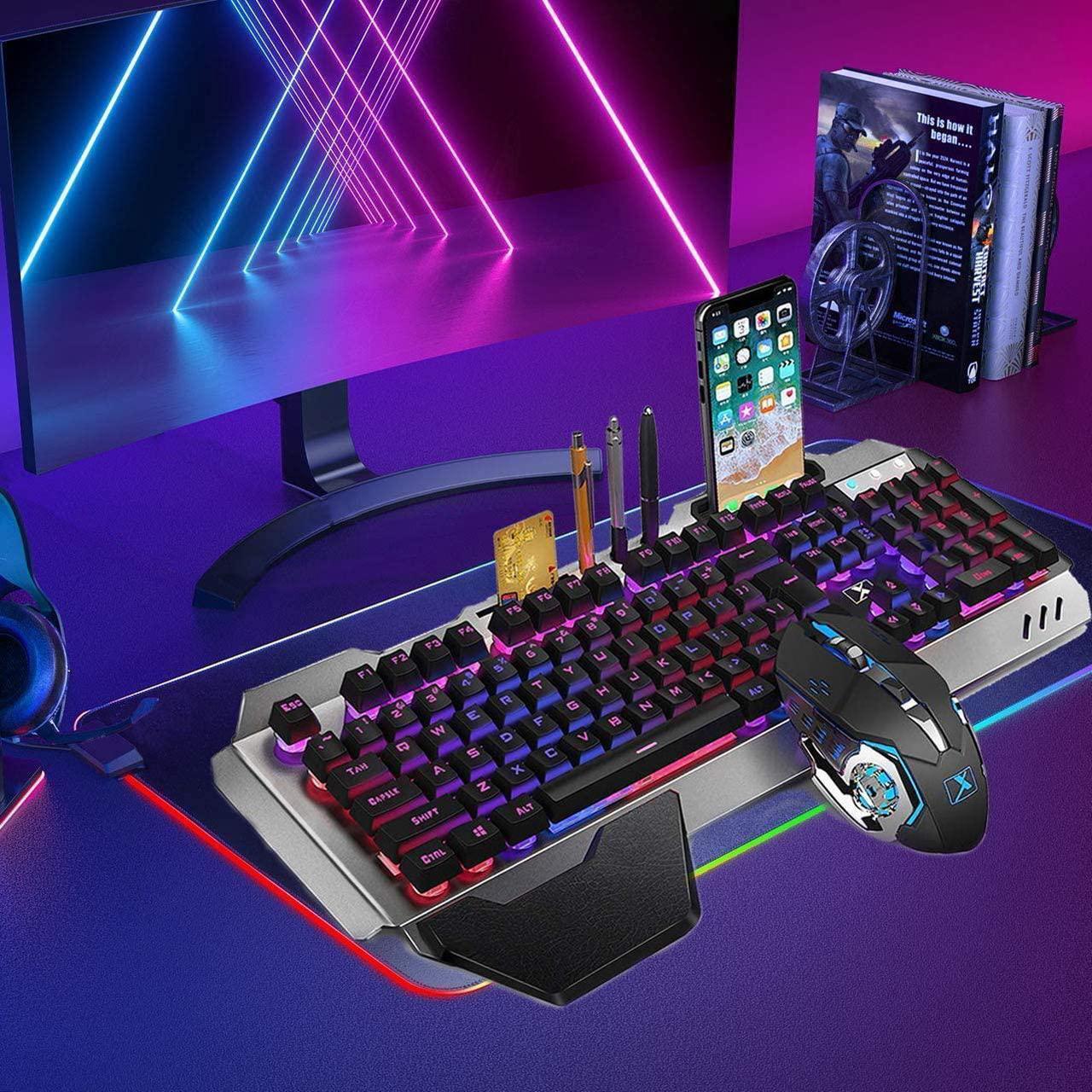Alt view image 7 of 7 - Wireless Gaming Keyboard and Mouse Combo with Rainbow LED Backlit Rechargeable 4800mAh Battery Metal Panel Mechanical Ergonomic Waterproof Dustproof 7Color Mute Mice for Computer PC Mac Gamer (Purple)